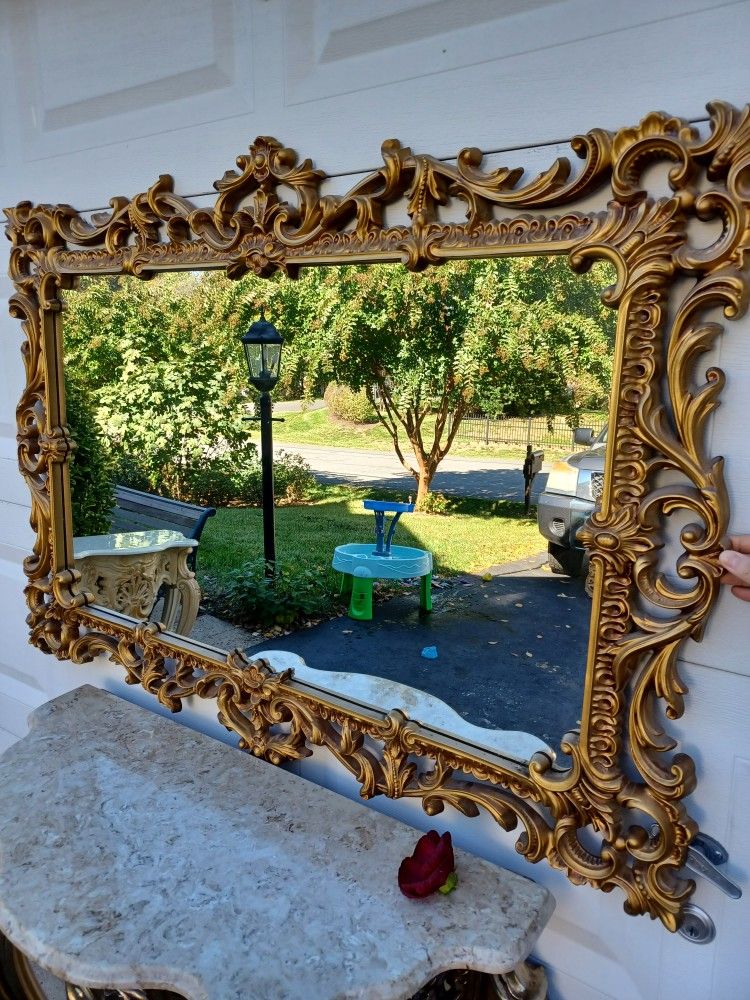 Antique Marble Top Console Table And Gold Mirror