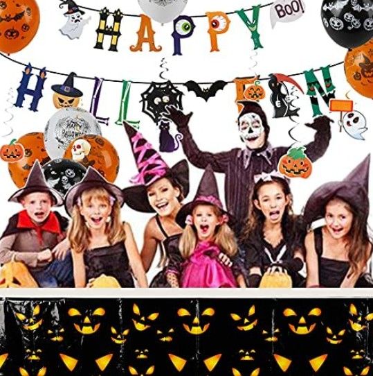 NEW Halloween Party Supplies Set- Serve 20 - Halloween Decorations For Adults And Kids, Include Halloween Plates Cups Napkins Straws Tablecloth Banner