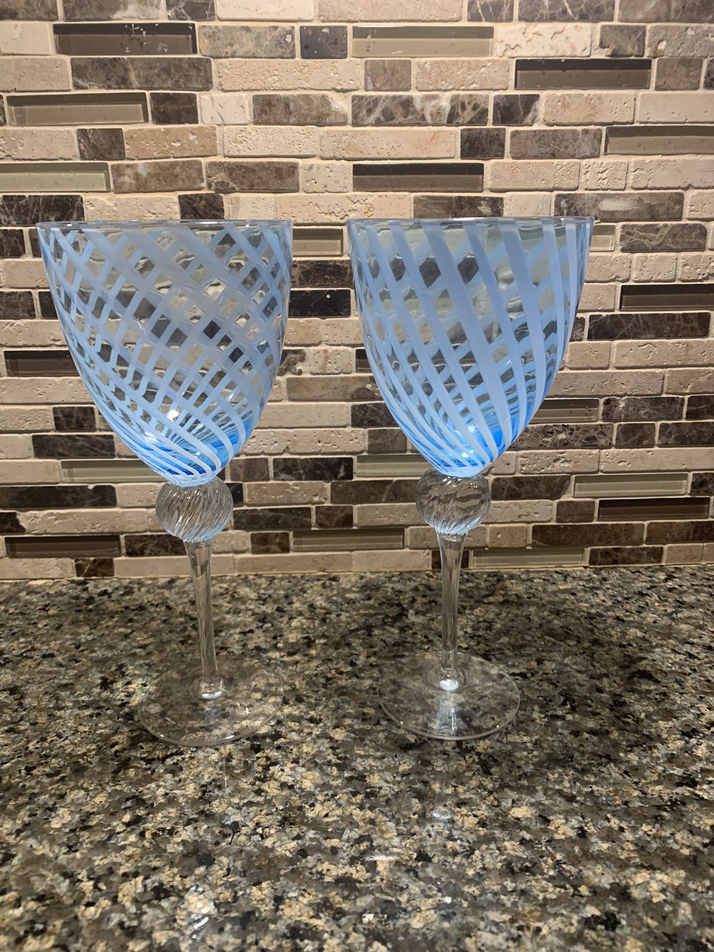 Wine Glasses Blue Striped. New