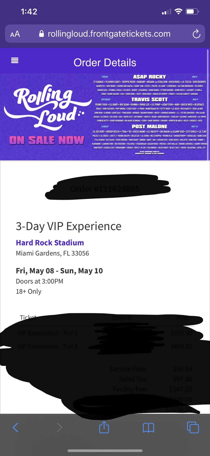 Rolling Loud 2 VIP TICKETS
