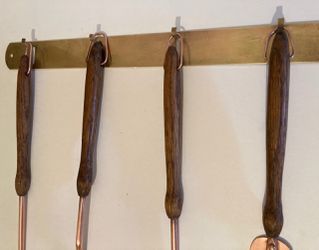 Vintage 5 Piece Set of Hanging Copper and Wood Serving Utensils, Spatula, Laddle, Strainer, Spreader, Brass Hanging Bar Holder, 14" Wide Brass Bar Thumbnail