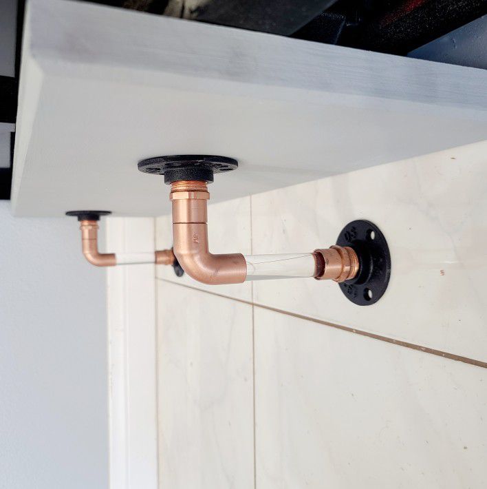COPPER PIPE AND ACRYLIC 90 DEGREE REVERSIBLE SHELF BRACKETS (2)