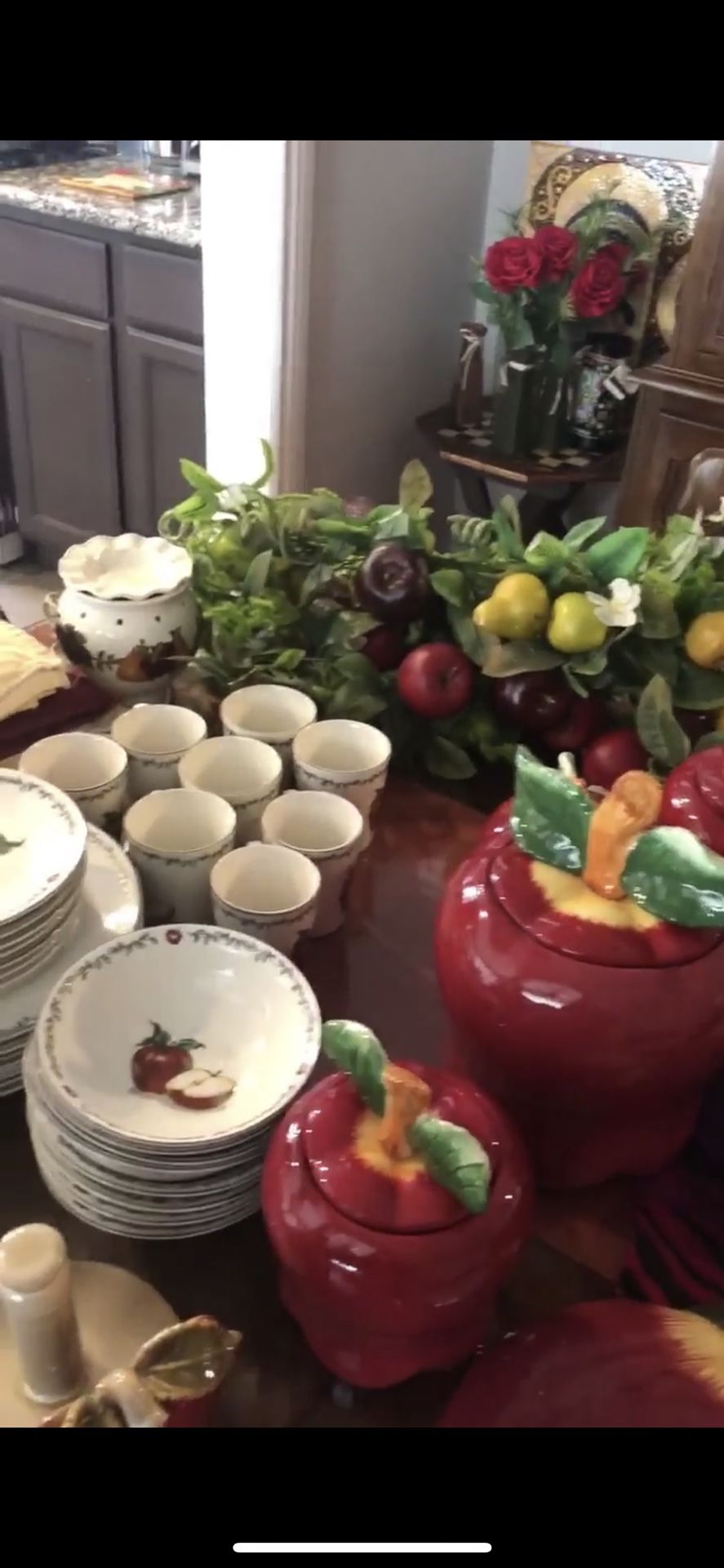 Set of 8 bowls dinner plates salad plates, cups . Table cloth kitchen drapes