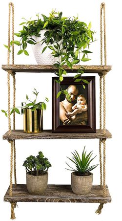 Decorative Wall Hanging Shelf, 3 Tier Distressed Wood Jute Rope Floating Shelves, Rustic Home Wall Decor Thumbnail