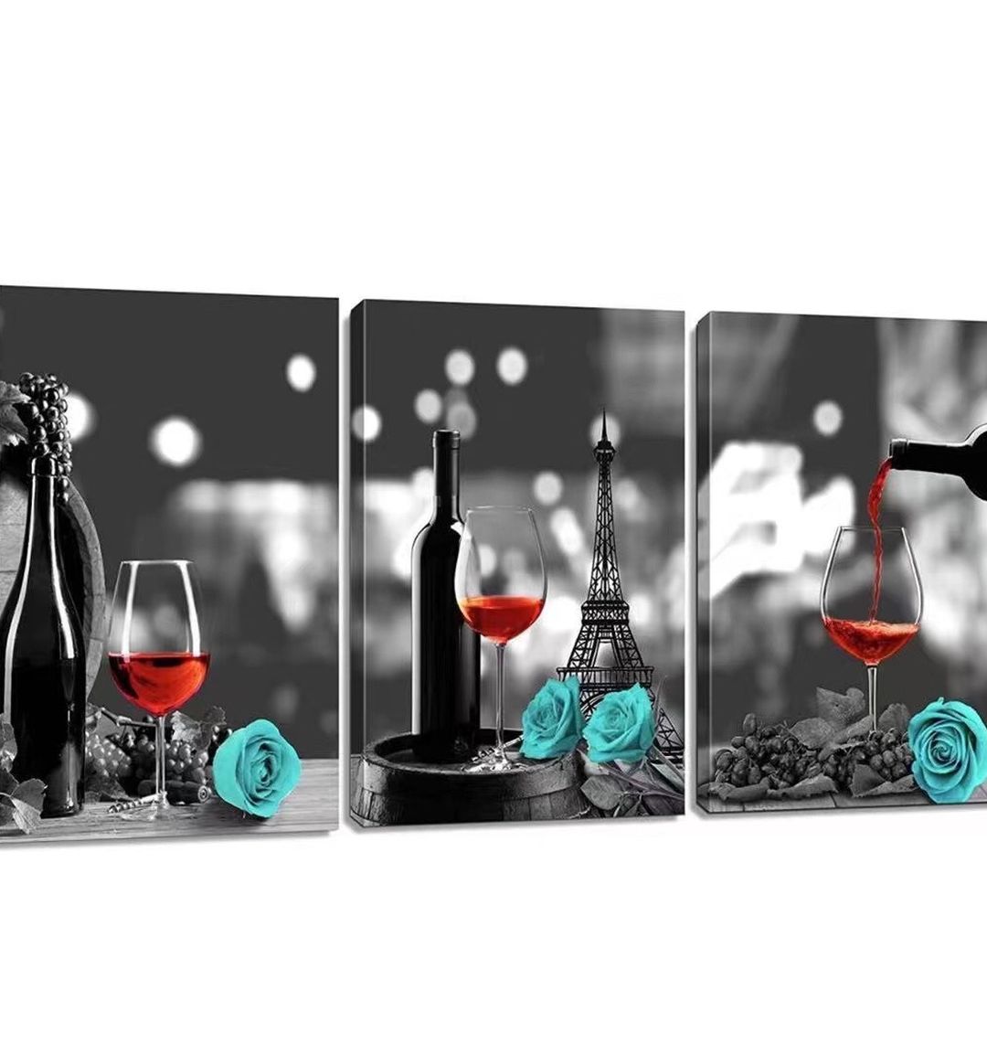 Kitchen Wall Decor Canvas Wall Art Red Wine Teal Rose Artwork for Home Walls Black and White Painting Giclee Printed Dining Room Decor Turquoise Pine