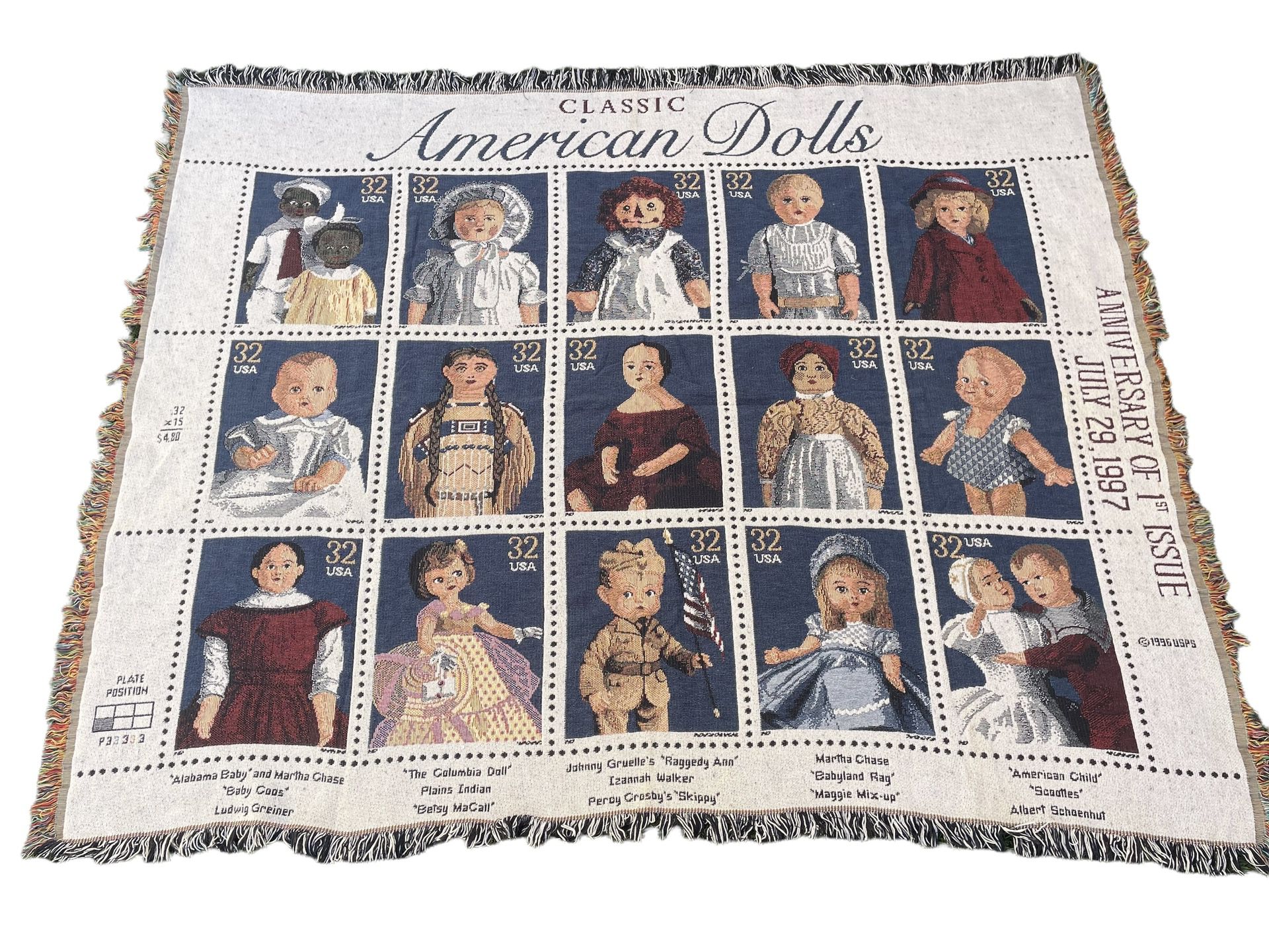 USPS Classic American Dolls Stamps Tapestry Throw Blanket 65"x55" USA 1996