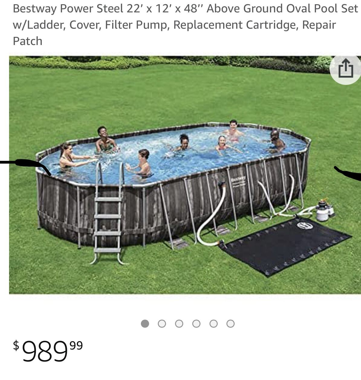 Bestway Power Steel 22’ x 12’ x 48’’ Above Ground Oval Pool Set w/Ladder, Cover, Filter Pump, Replacement Cartridge, Repair Patch
