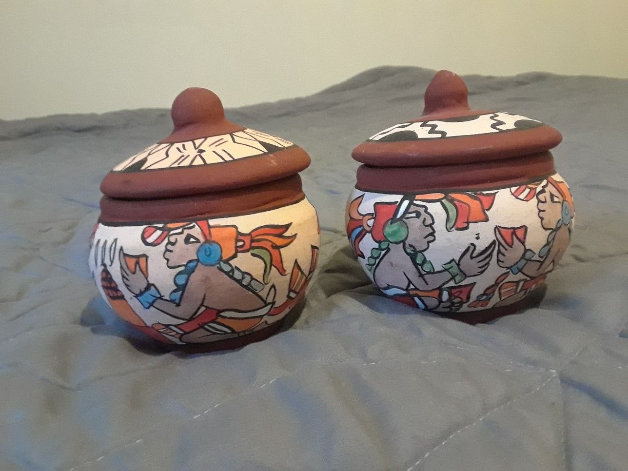 Mayan pots with lids; set of 2 ceramic Aztec handmade lidded containers