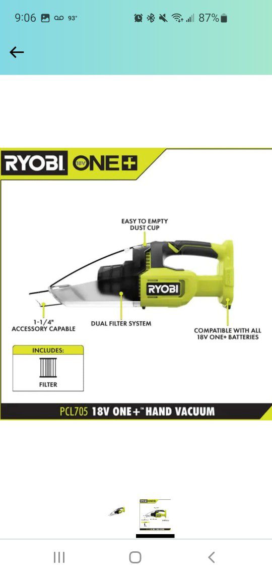 Ryobi 18volt Vacuum Used 