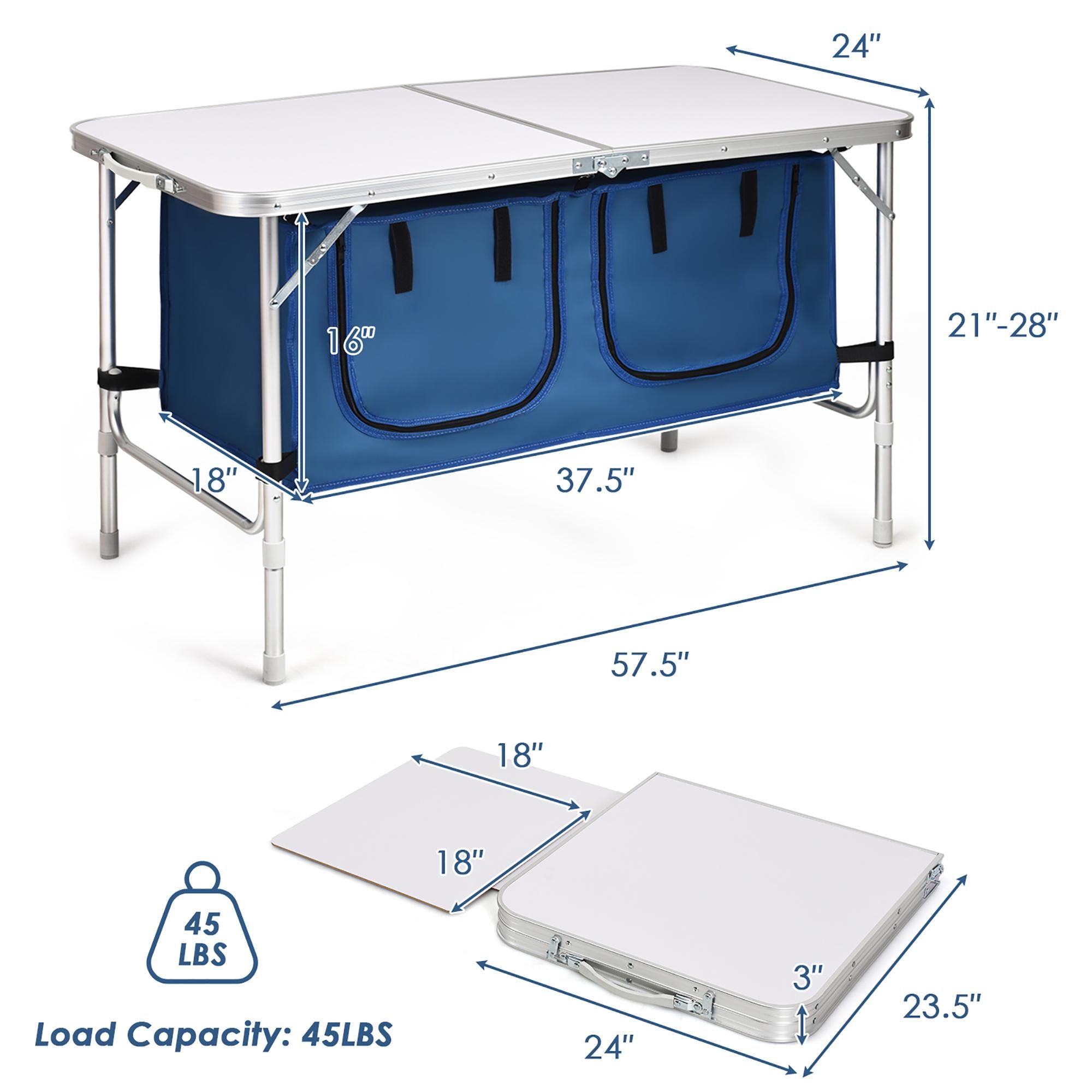 Costway Adjustable Camping Table Aluminum w/ Storage Organizer Dark Blue