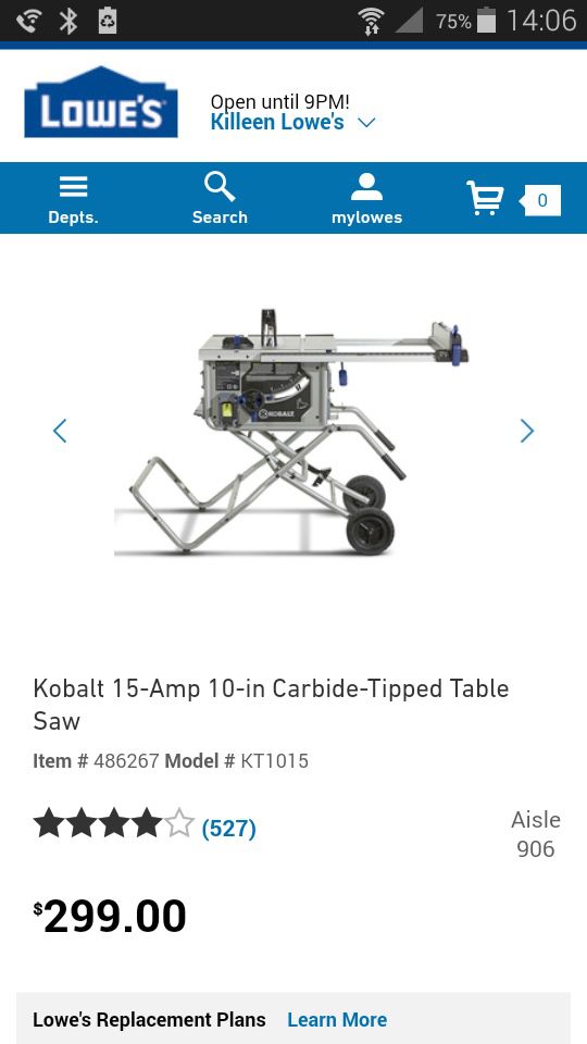 Kobalt 15-Amp 10-in Carbide-Tipped Table Saw Model # KT1015