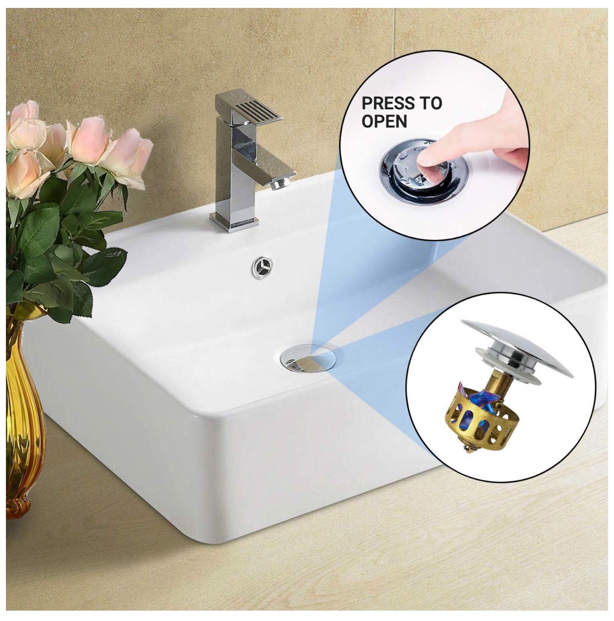 Vessel Sink Drain, Pop up Sink Drain with Removable Brass Strainer Basket,Sink Drain with Overflow Brushed Chrome, Bathroom Drain Strainer with Anti-