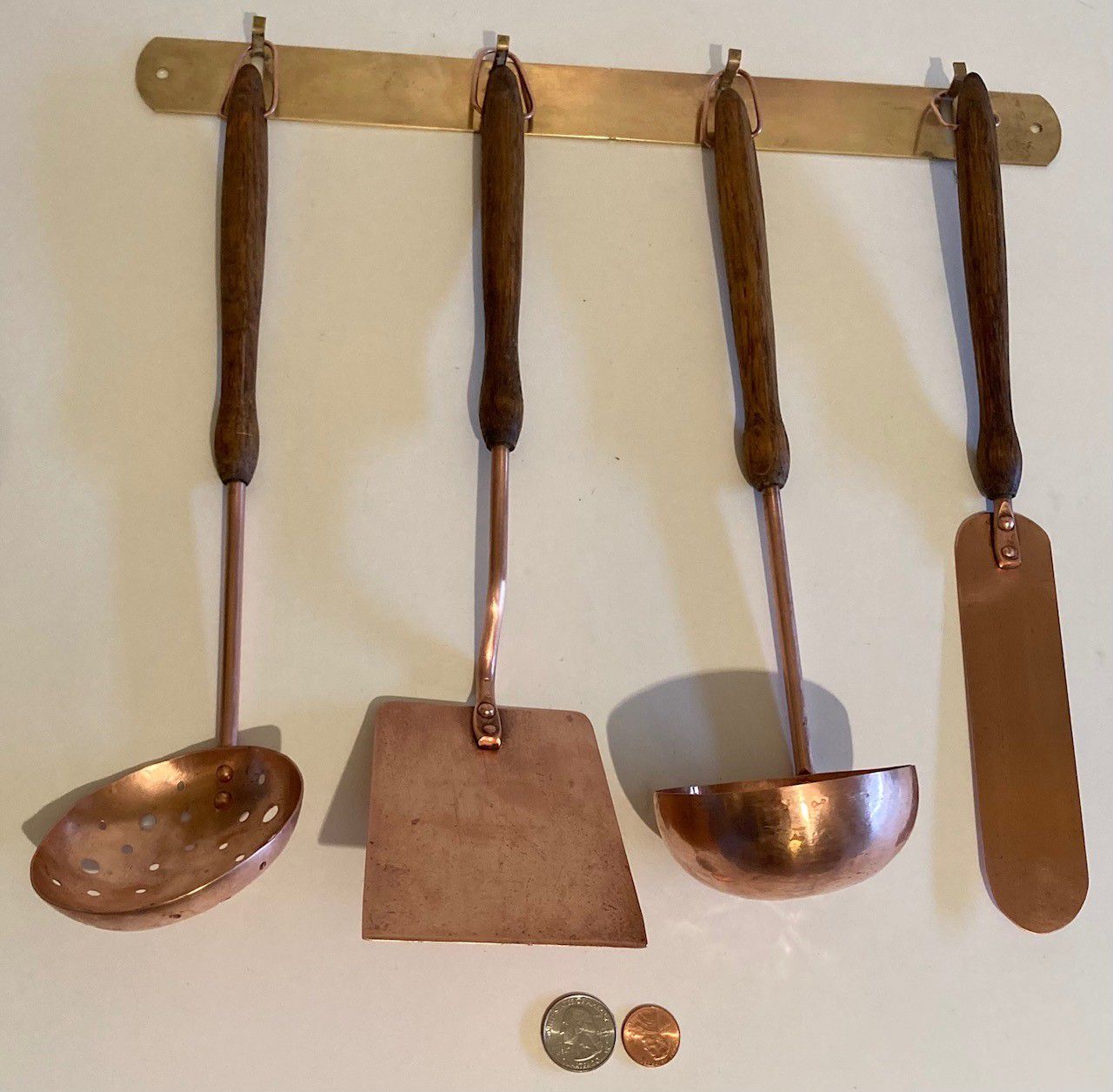 Vintage 5 Piece Set of Hanging Copper and Wood Serving Utensils, Spatula, Laddle, Strainer, Spreader, Brass Hanging Bar Holder, 14" Wide Brass Bar