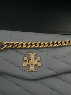 New Kira Chevron Quilted Leather Wallet On A Chain In Cloud Blue/ Rolled Brass Thumbnail