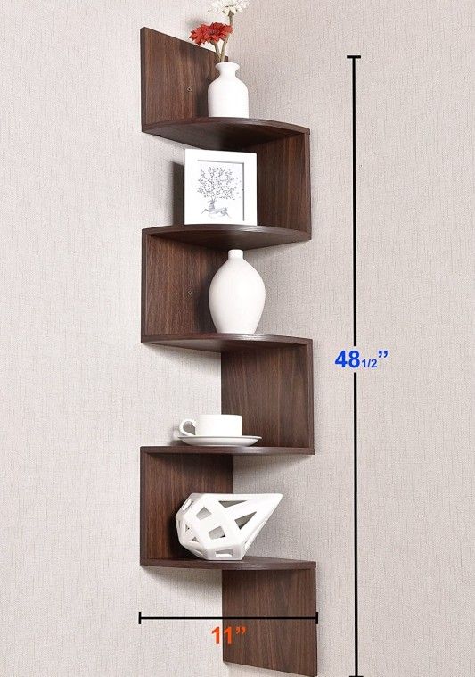 5 Tier Wall Mount Corner Shelves, Home Decor Hanging Shelves, Walnut