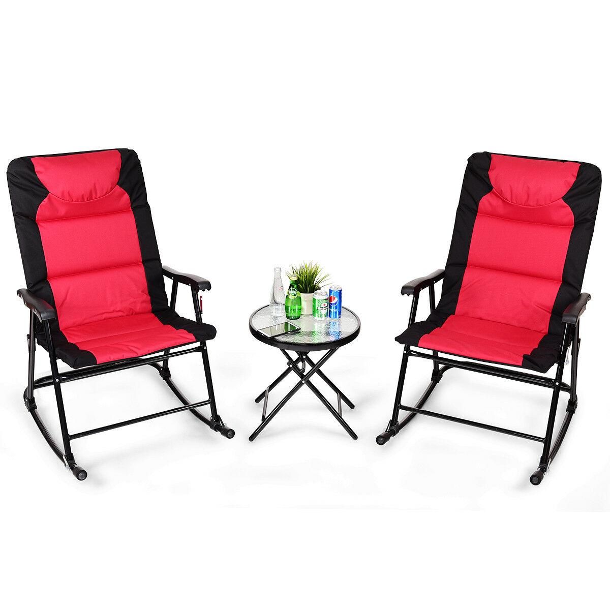 3PCS Folding Bistro Set Rocking Chair Cushioned Table Garden Furniture