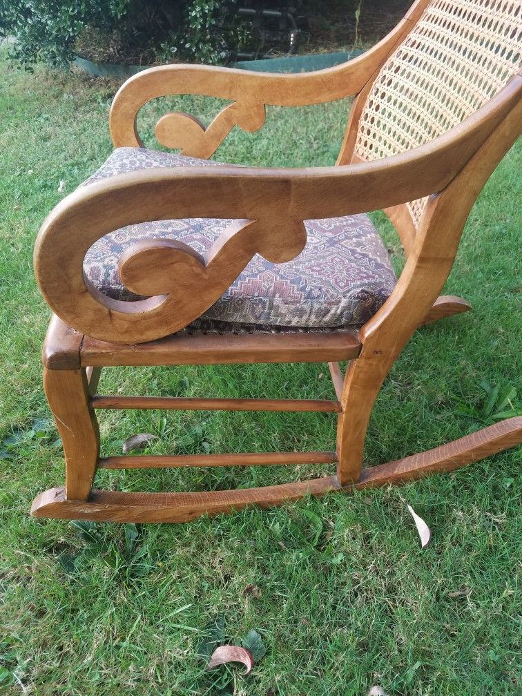 Antique Cane back Tiger/Birds Eye Maple Rocker