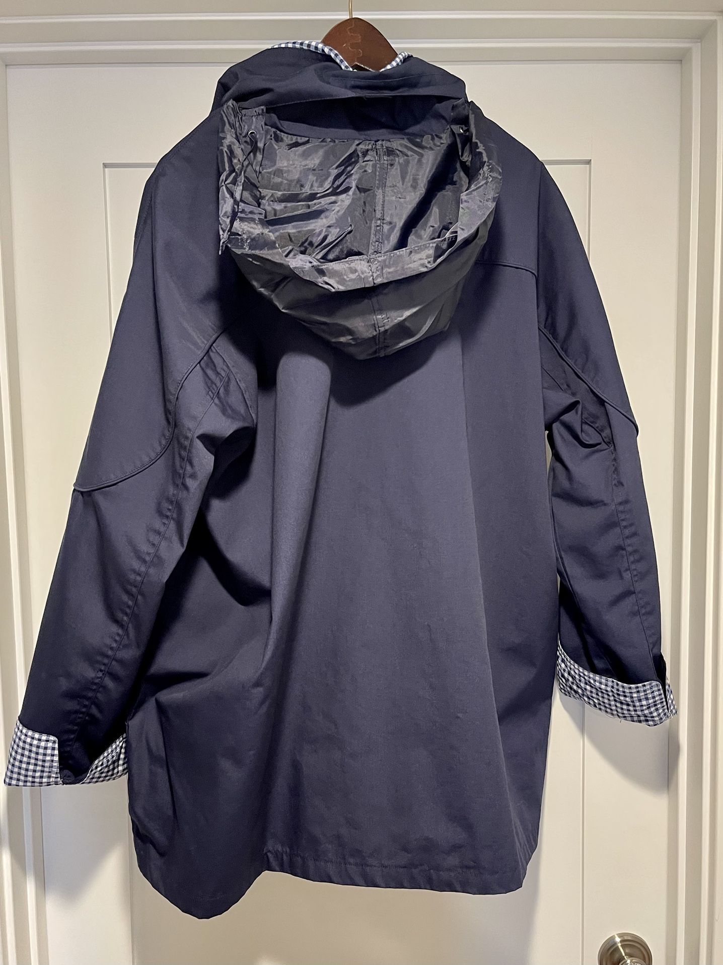 BLAIR Mens XXL Navy Blue Raincoat Jacket Hood Pockets Lining Zip Up Blue Check Cuffs