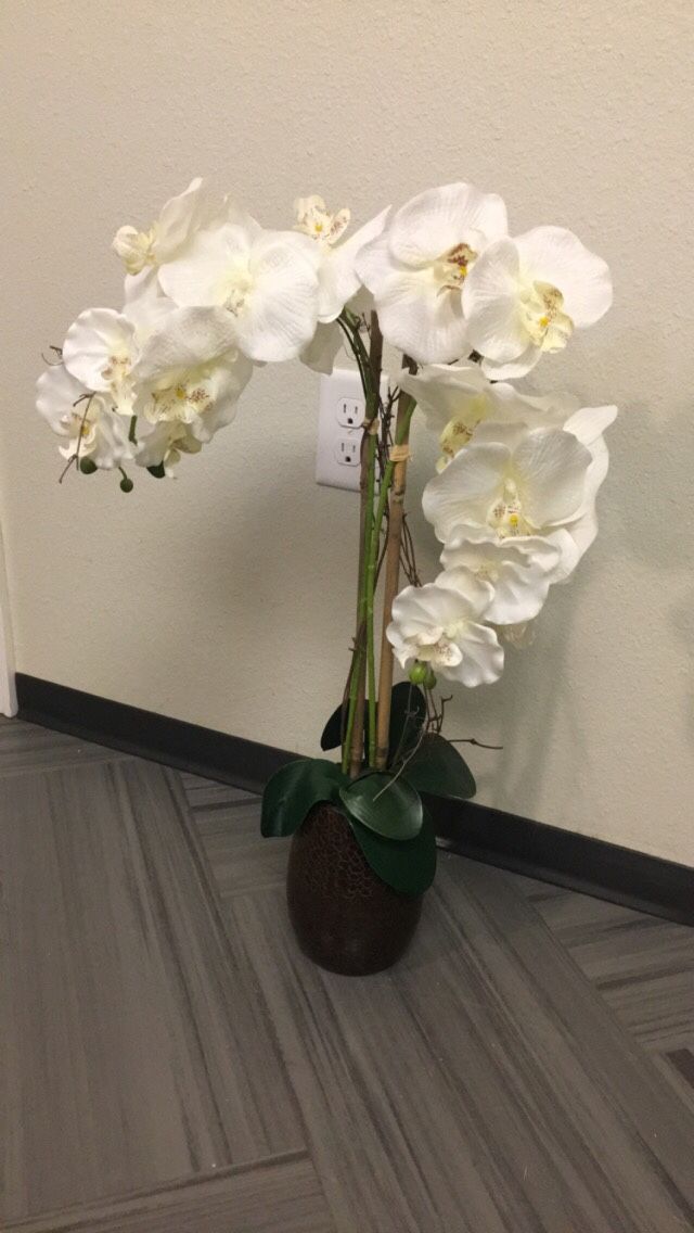 Fake orchid white flower house plant in pot