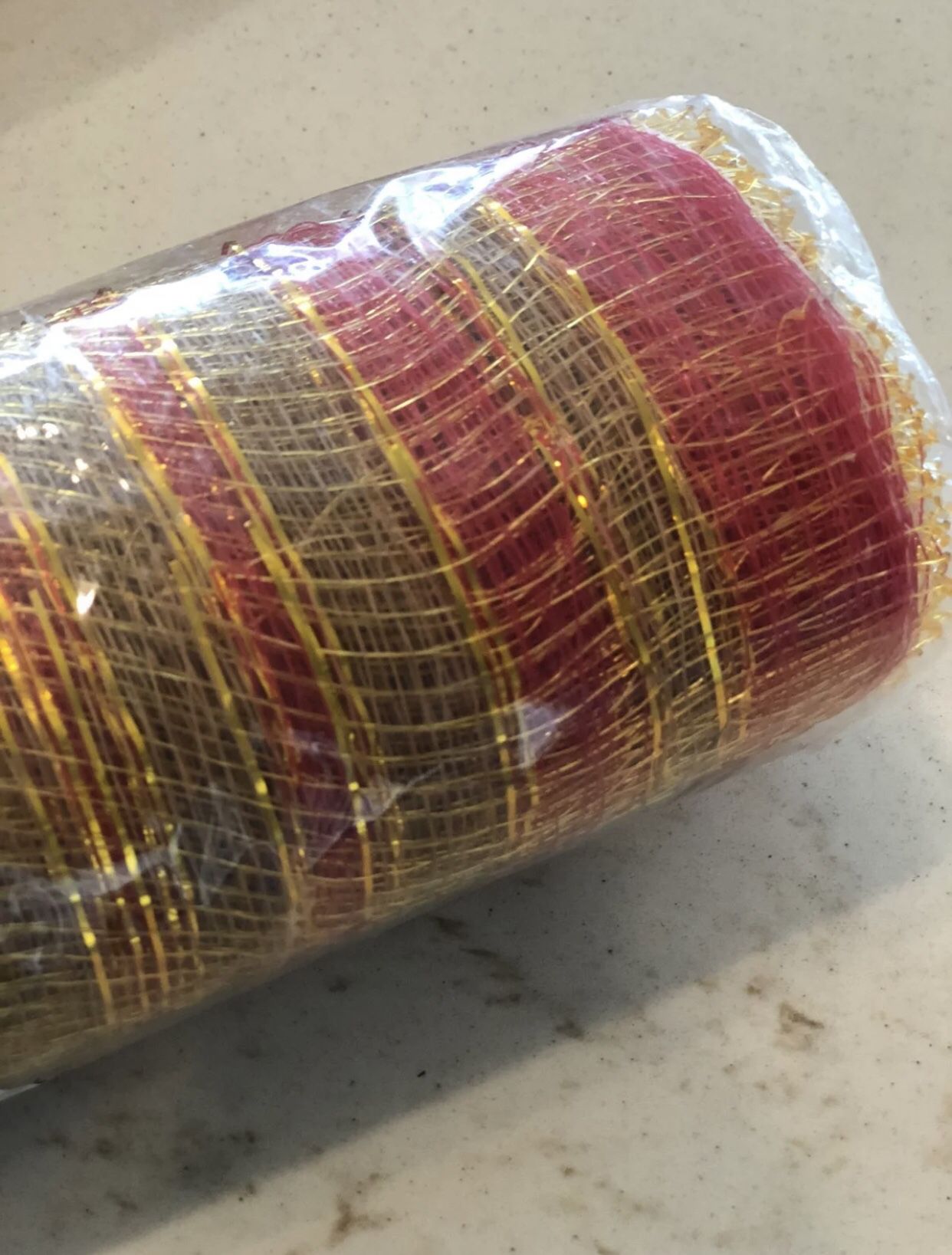 NWT 4 Rolls of 10” X 30’ Orange & Tinsel Gold Stripe Poly Deco Mesh Decor Netting.   Note: The measures are approximation since no measurements are pr