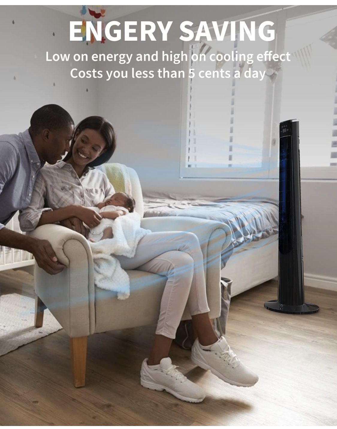 Tower Fan for Bedroom- 48'' Oscillating Fan with Remote, Cooling, Quiet, Large LED Display, 12-Hour Timer, Electric Black Standing Bladeless Fan for W