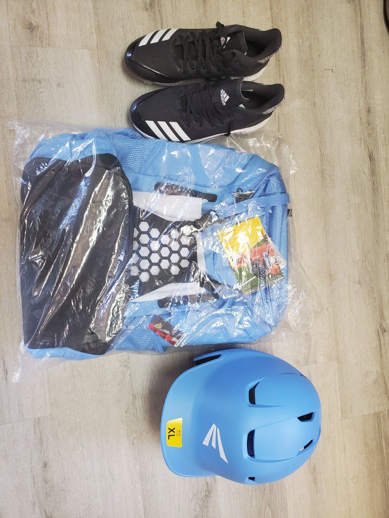 Softball backpack,  helmet,  cleats