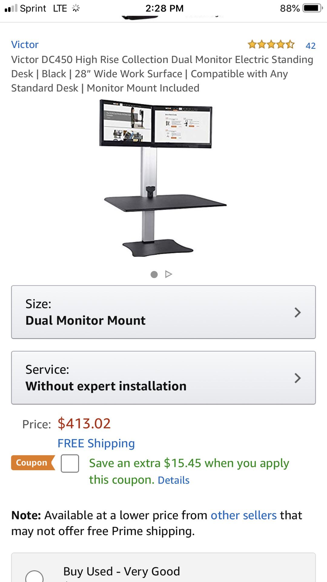 Victor DC450 High Rise Collection Dual Monitor Electric Standing Desk | Black | 28” Wide Work Surface | Monitor M