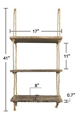 🍀 BRAND NEW 3 Tier Distressed Wood Jute Rope Floating Shelves Rustic Home Wall Decor 3.3 Lbs Thumbnail