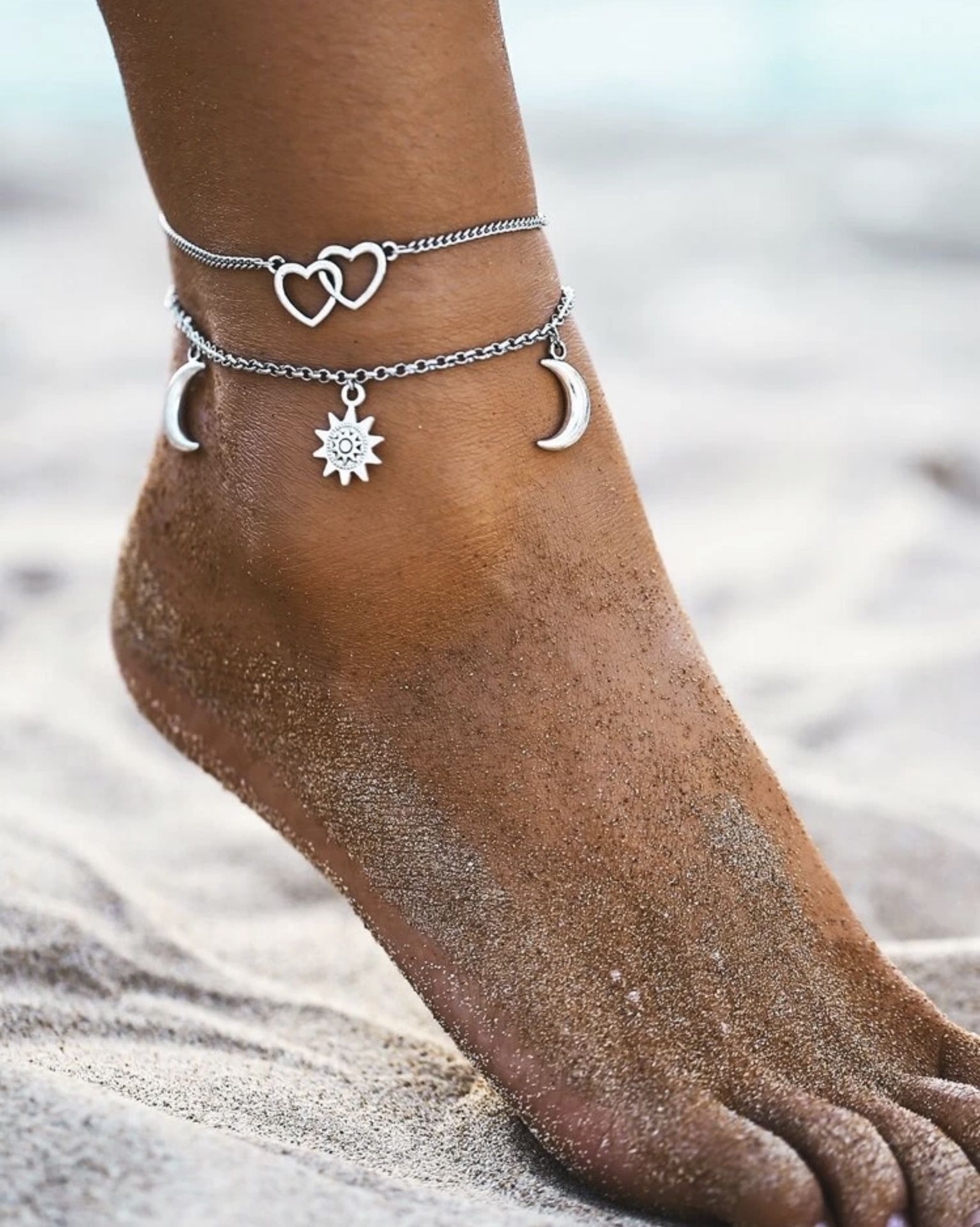 ONE LEFT Gorgeous NEW Layered Linked Heart, Moon And Star Charms Women’s Fashion Jewelry Anklet 
