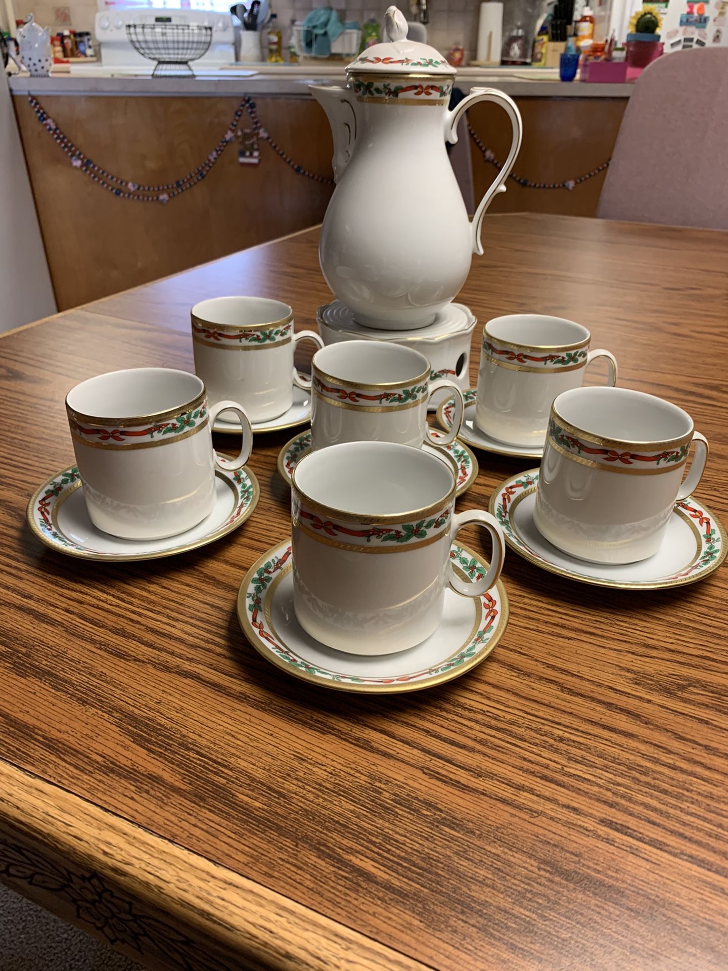 Bavarian China 16 pc Coffee Set w/ Christmas Holly Ribbons, Bows & Evergreen with Gold Trim