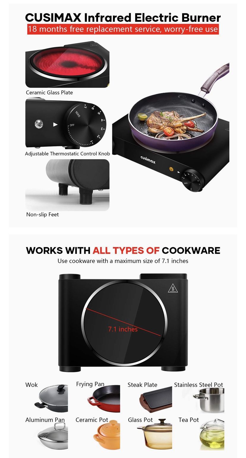 Single Burner 1200W, Infrared Electric Burner, Portable Stove Electric Cooktop, Ceramic Hot Plate, Easy to clean, Compatible with All Cookware