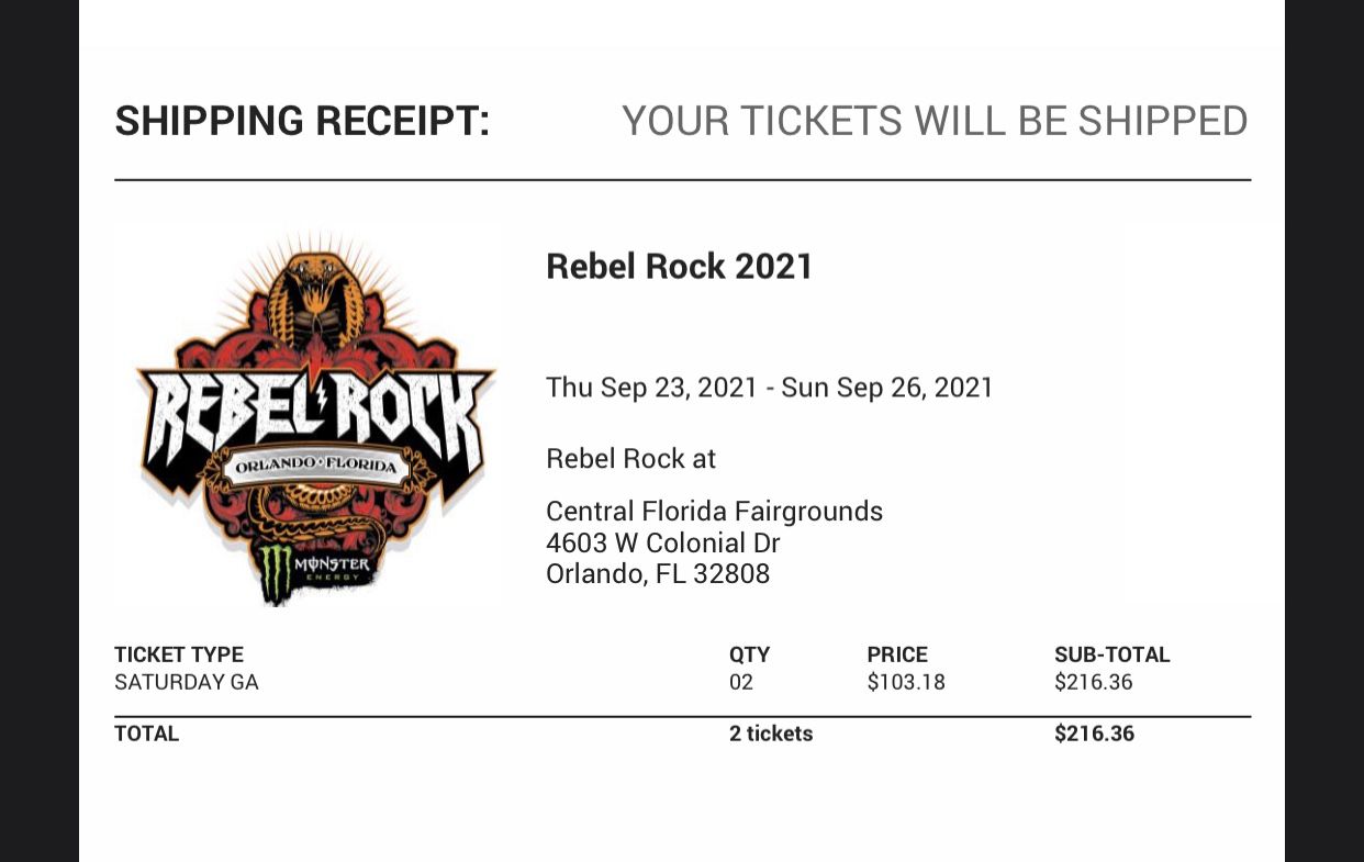 2 Saturday Tickets To Rebel Rock Festival 09/25