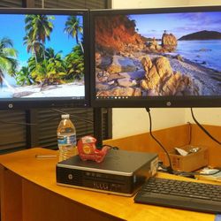 Dual-armed stand and Two 27" LED monitors Full HD  on one stand with cables Thumbnail