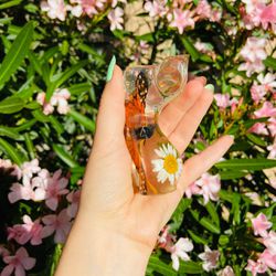 Handmade clear epoxy resin goddess figurine made with real dried pressed flowers & faux butterfly Thumbnail