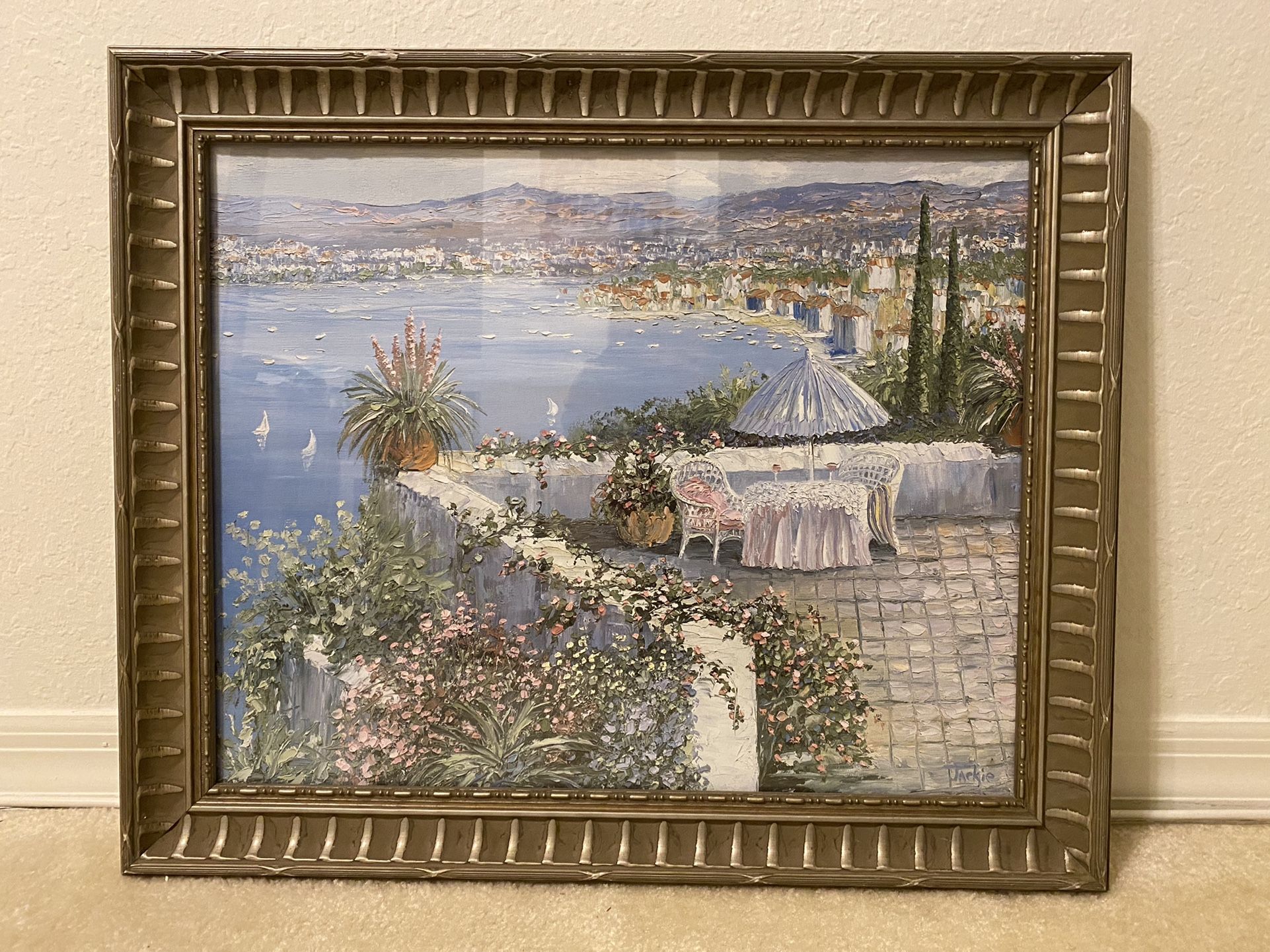 Veranda overlooking ocean framed picture