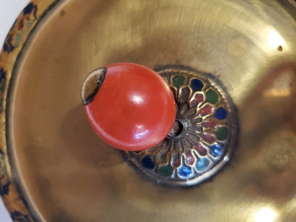 ANTIQUE BRASS AND ENAMEL COVERED DISH AMBER GLASS LINED