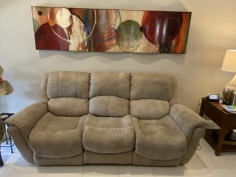 Microfiber couch (with 2 built-in electrically-controlled recliners) and matching love seat Thumbnail