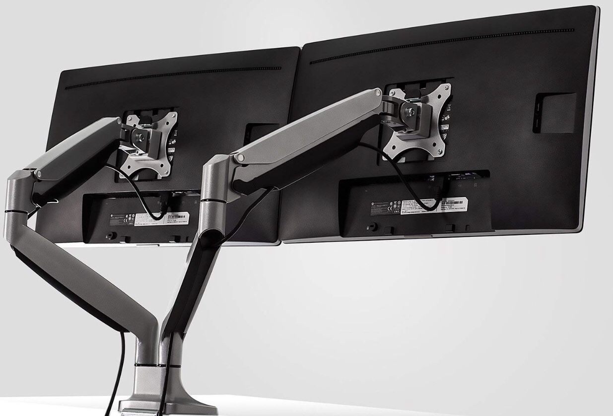 Mount It! Dual Monitor Arms for Desk, Height Adjustable Full Motion Monitor Stand With Gas Spring Arms, Fits 24, 27, 29, 30, 32 Inch Computer Screens