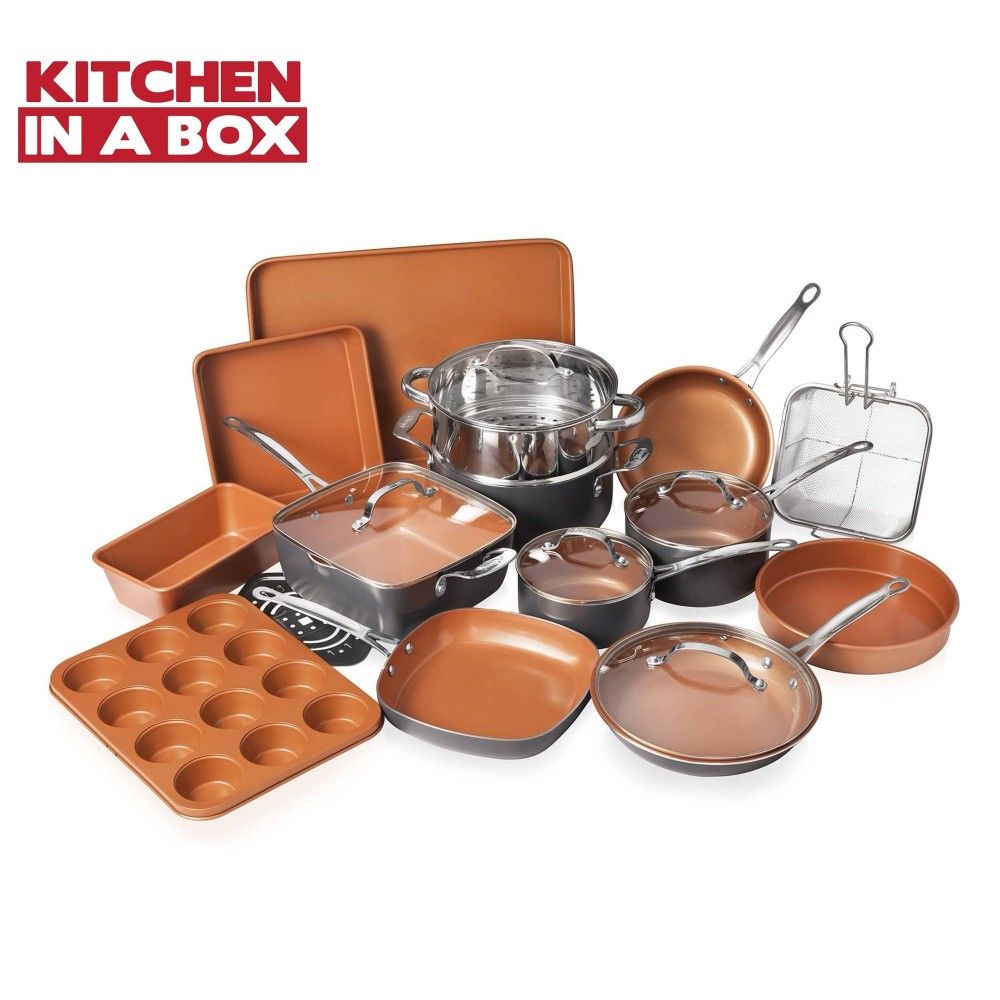 20 Piece All in One Kitchen Cookware + Bakeware Set with Nonstick Durable Ceramic Copper Coating