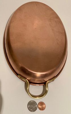 Vintage Copper and Brass Fish Frying Pan, Sauce Pan, 12 1/2" Handle to Handle, and 12" x 8" Pan Size, Made in Portugal, Quality, Jazmyn Design, Fish Thumbnail