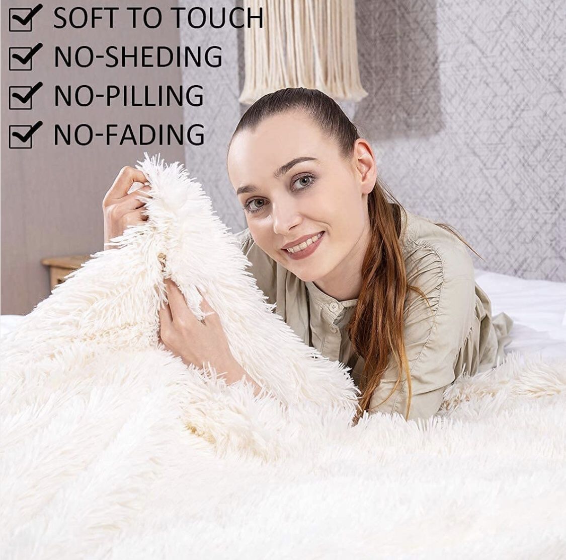Thick Twin Size Faux Fur Throw Blanket(Cream White,60" x 80"),Whithout Pillows,Winter Lightweight Plush Fuzzy Soft Cozy Microfiber Comfy Bed Blanket f