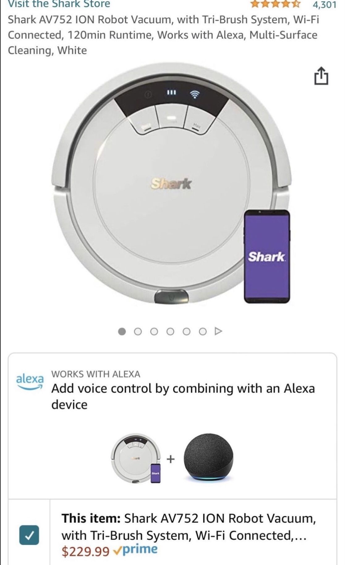Shark AV752 ION Robot Vacuum, with Tri-Brush System, Wi-Fi Connected, 120min Runtime, Works with Alexa