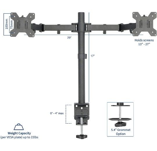 VIVO Dual LCD LED 13 to 27 inch Monitor Desk Mount Stand, Heavy Duty Fully Adjustable, Fits 2 Screens, STAND-VO02