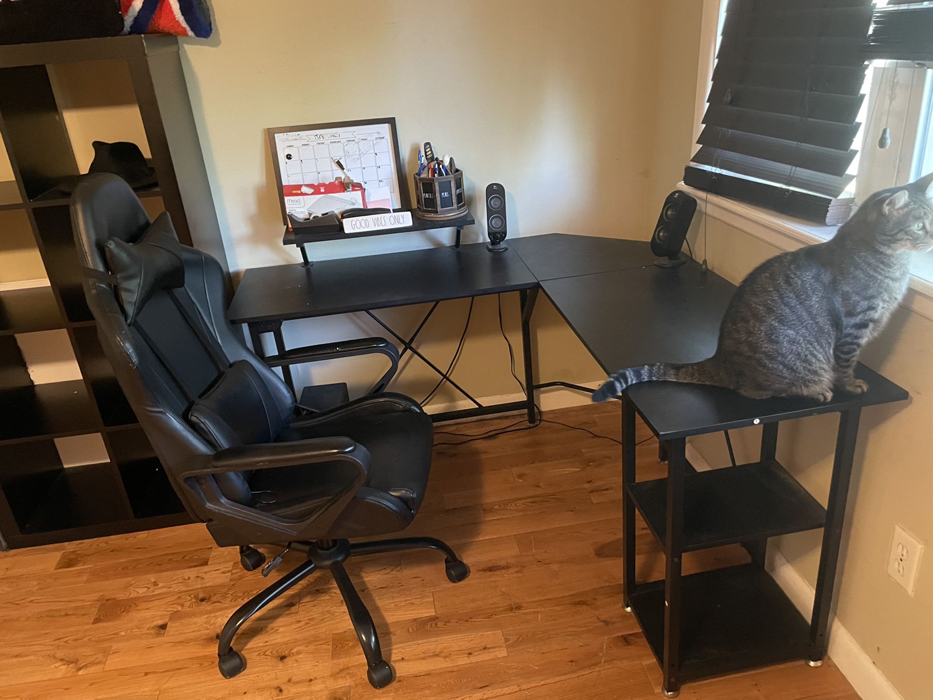 Desk, Gamer Chair And Speakers 