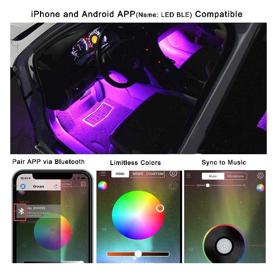 NEW PLUG & PLAY CAR INTERIOR LIGHTING KIT W/PHONE APP CONTROL! MULTIPLE COLORS/ MUSIC MODE
