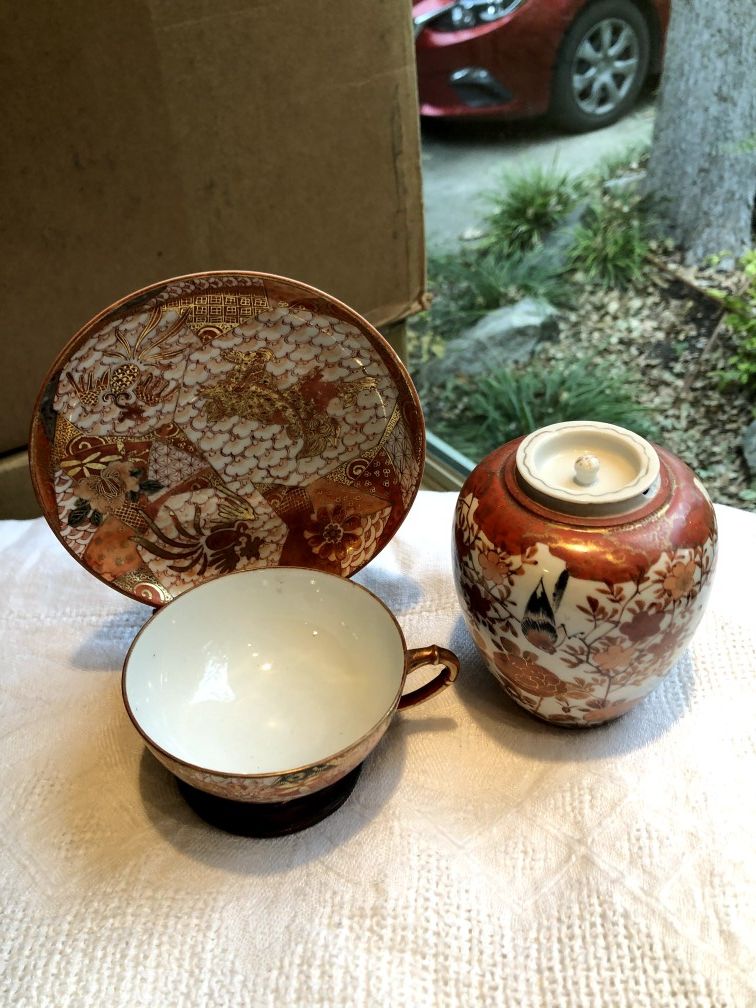 Antique Red Asian Cup and Saucer and Small Vase with Lid