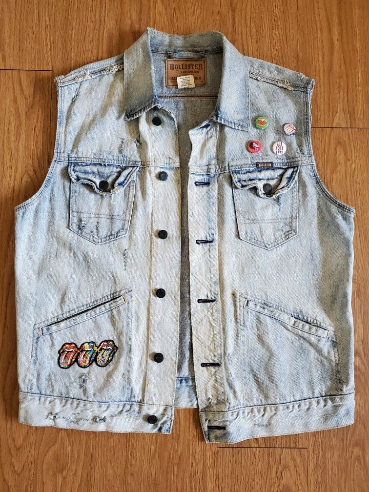 MENS CUSTOM 80s HOLLISTER SLEEVELESS DENIM JEAN JACKET VEST SIZE L