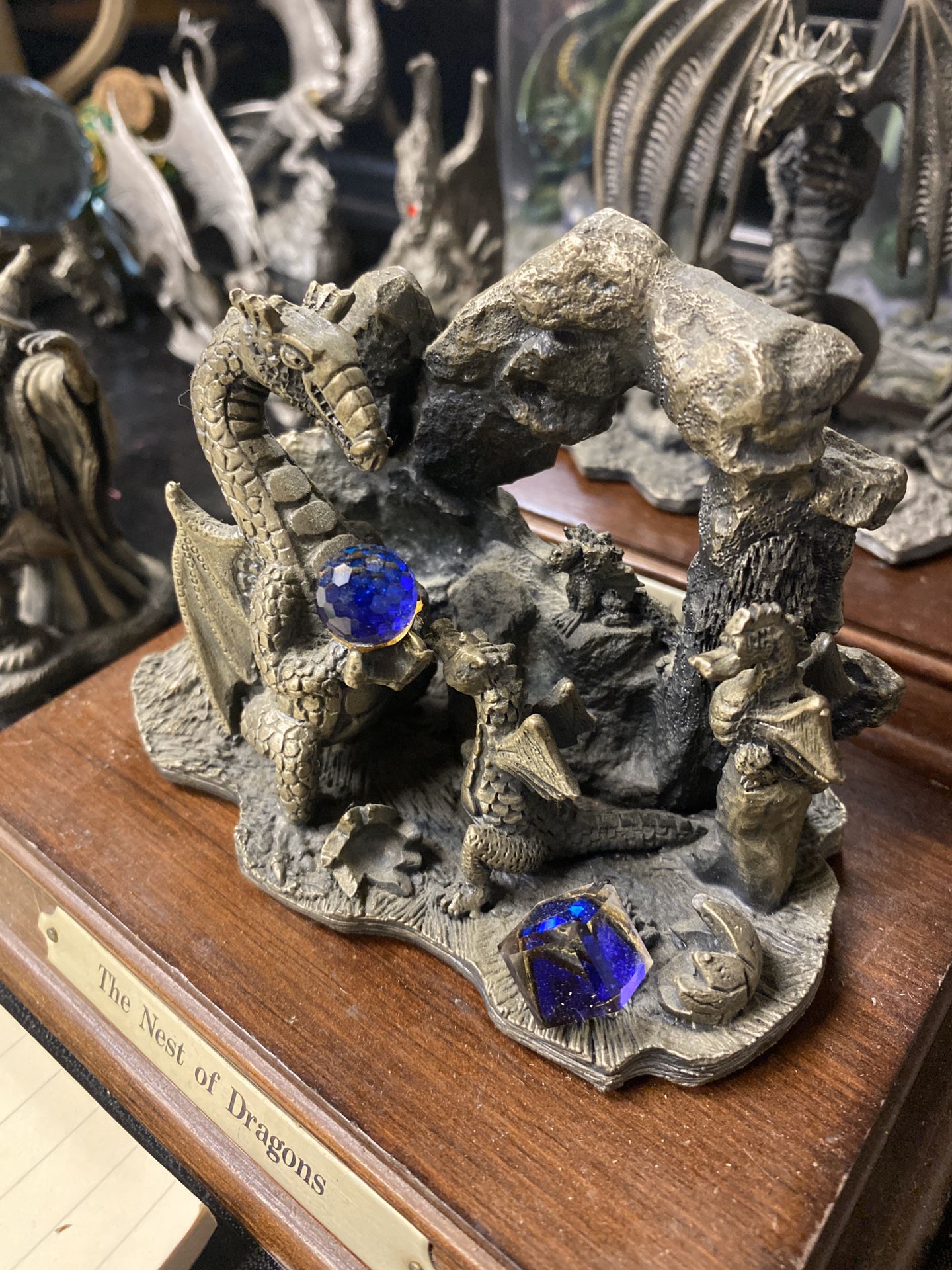 Pewter collectible dragons and wizard with rare vintage German castle