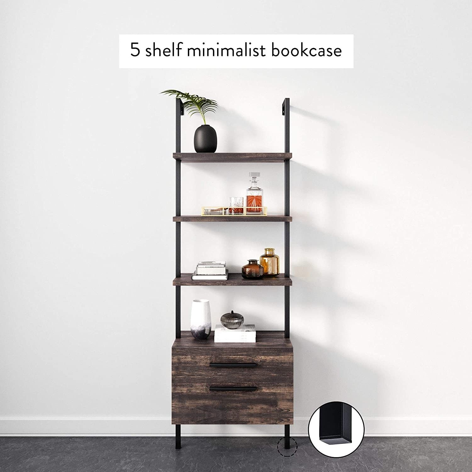 Matte Steel Frame Industrial Bookshelf with Wood Drawers, 3-Shelf, Nutmeg/Black