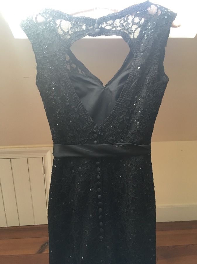 Floor-length black satin beaded gown